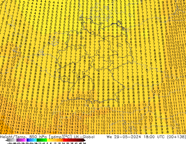 Yükseklik/Sıc. 850 hPa UK-Global Çar 29.05.2024 18 UTC