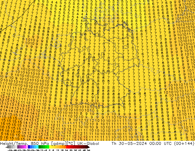 Height/Temp. 850 hPa UK-Global Th 30.05.2024 00 UTC