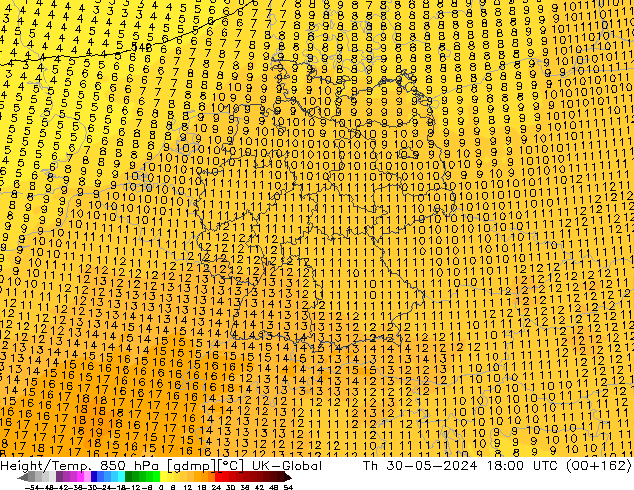 Hoogte/Temp. 850 hPa UK-Global do 30.05.2024 18 UTC