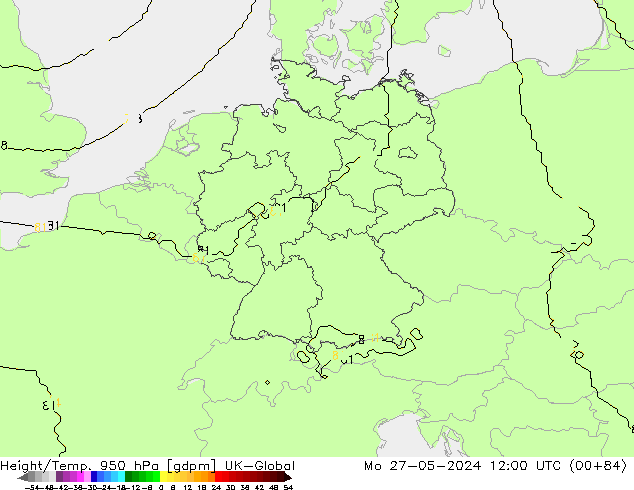 Height/Temp. 950 hPa UK-Global Mo 27.05.2024 12 UTC