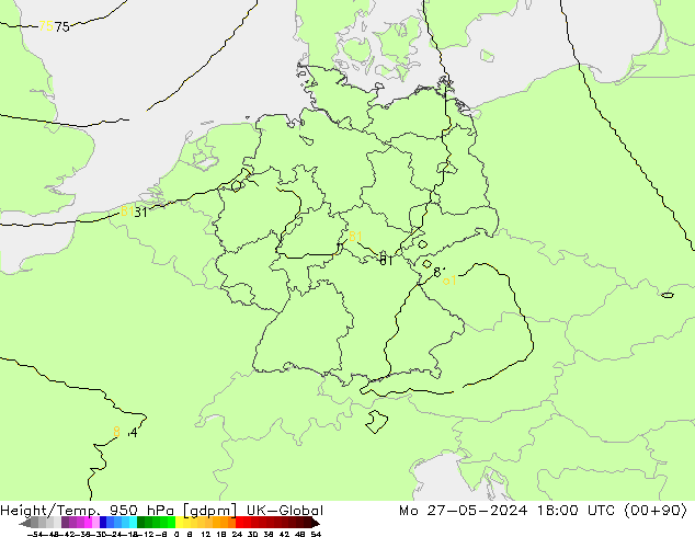 Height/Temp. 950 hPa UK-Global Po 27.05.2024 18 UTC