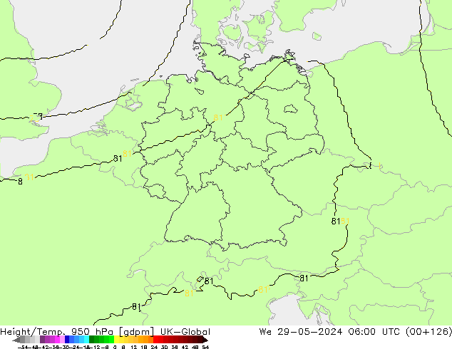 Height/Temp. 950 hPa UK-Global śro. 29.05.2024 06 UTC