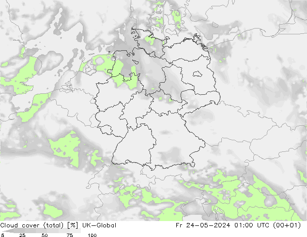 Cloud cover (total) UK-Global Pá 24.05.2024 01 UTC