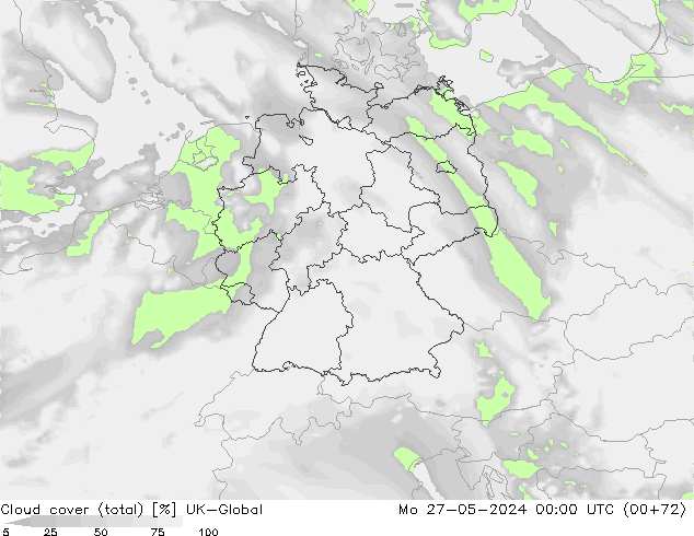 Cloud cover (total) UK-Global Mo 27.05.2024 00 UTC