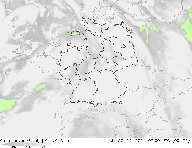 Cloud cover (total) UK-Global Mo 27.05.2024 06 UTC