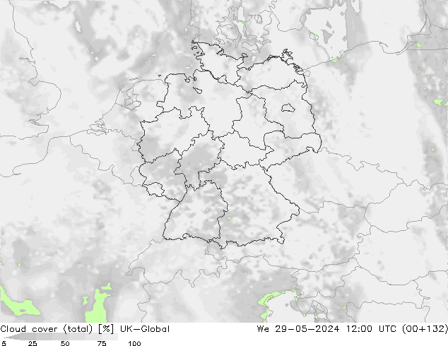 Cloud cover (total) UK-Global We 29.05.2024 12 UTC