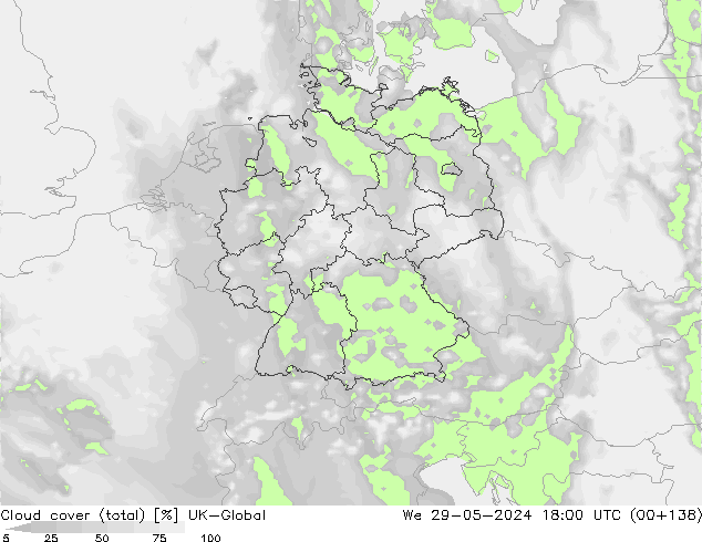 Cloud cover (total) UK-Global We 29.05.2024 18 UTC