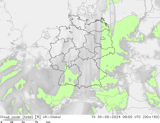 Cloud cover (total) UK-Global Th 30.05.2024 06 UTC