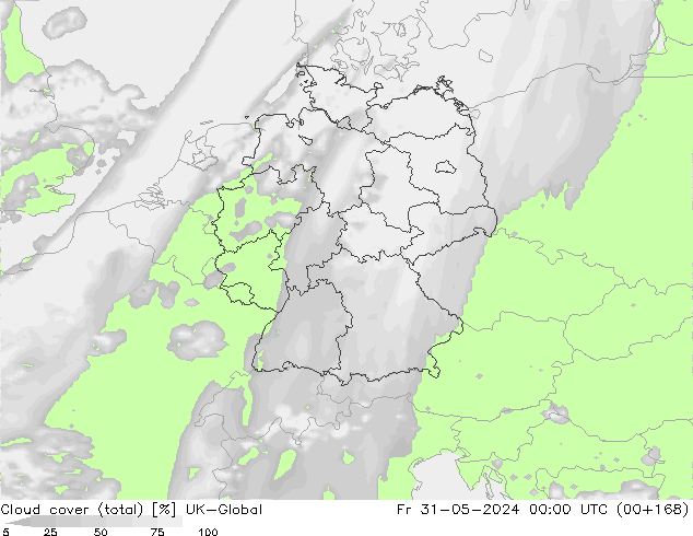 Cloud cover (total) UK-Global Pá 31.05.2024 00 UTC