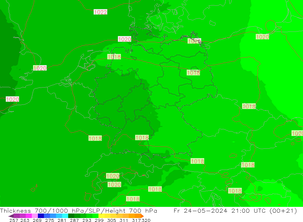 Thck 700-1000 hPa UK-Global Fr 24.05.2024 21 UTC