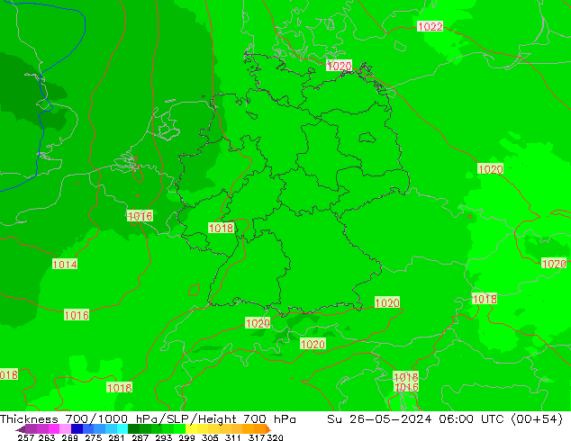 Thck 700-1000 hPa UK-Global Dom 26.05.2024 06 UTC