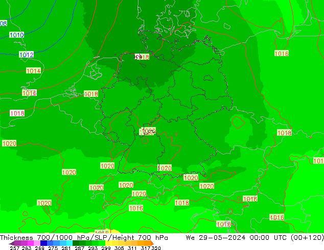 Thck 700-1000 гПа UK-Global ср 29.05.2024 00 UTC