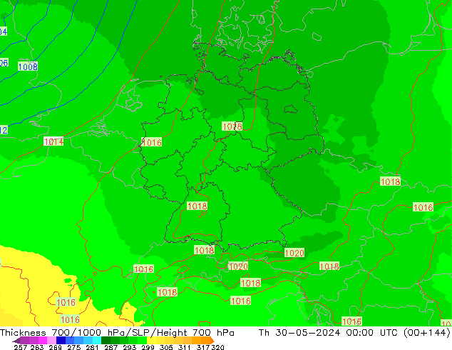 Dikte700-1000 hPa UK-Global do 30.05.2024 00 UTC