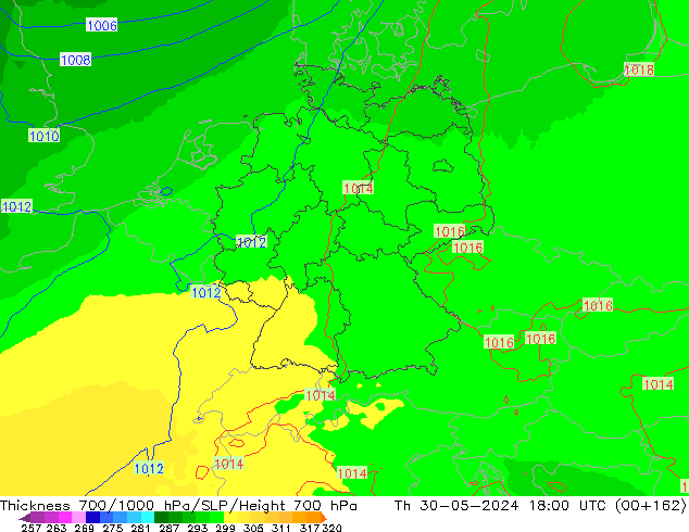 Dikte700-1000 hPa UK-Global do 30.05.2024 18 UTC