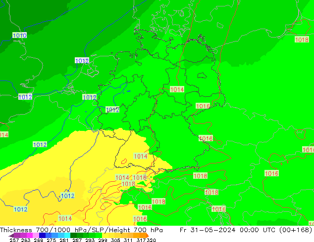 Dikte700-1000 hPa UK-Global vr 31.05.2024 00 UTC