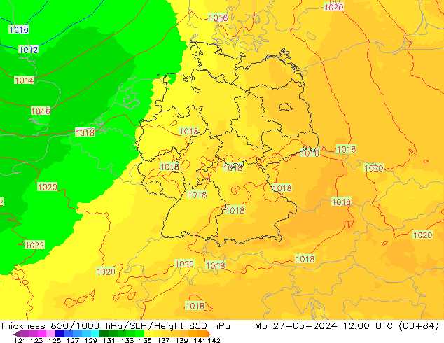 Espesor 850-1000 hPa UK-Global lun 27.05.2024 12 UTC