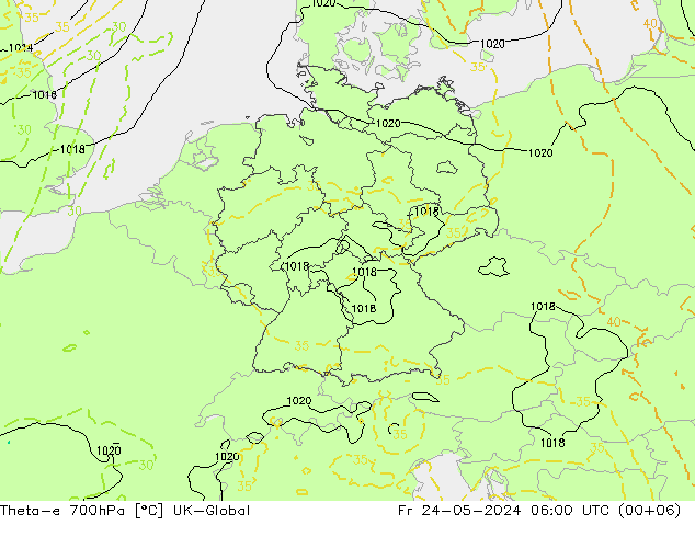 Theta-e 700hPa UK-Global Fr 24.05.2024 06 UTC