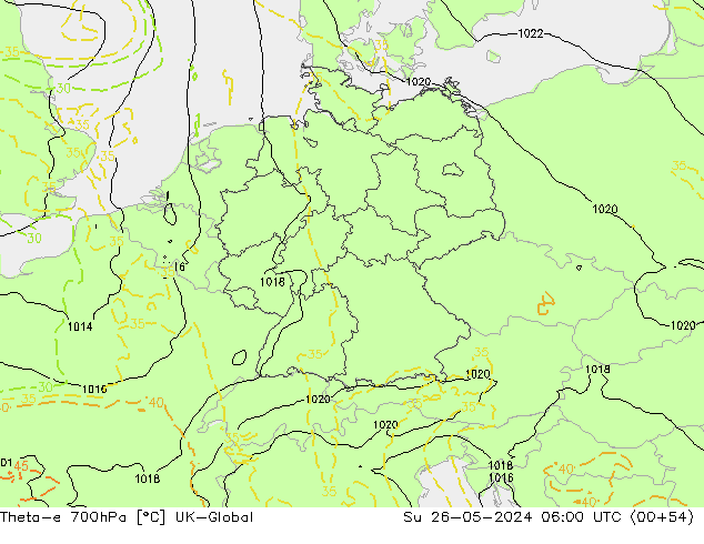 Theta-e 700hPa UK-Global  26.05.2024 06 UTC