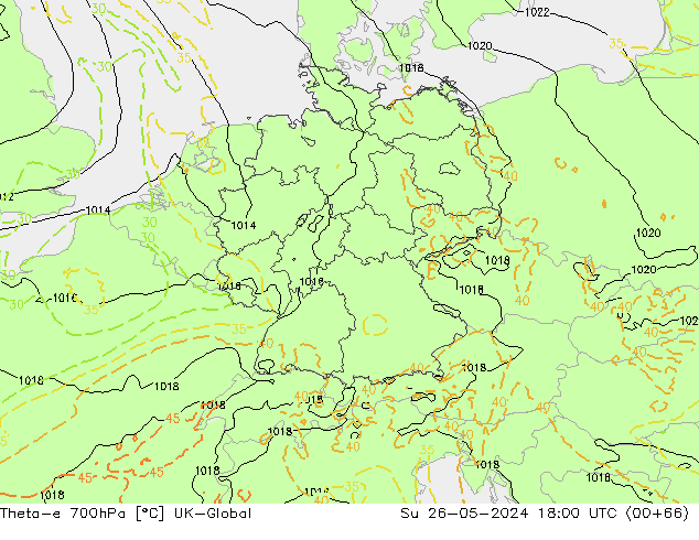Theta-e 700hPa UK-Global Su 26.05.2024 18 UTC