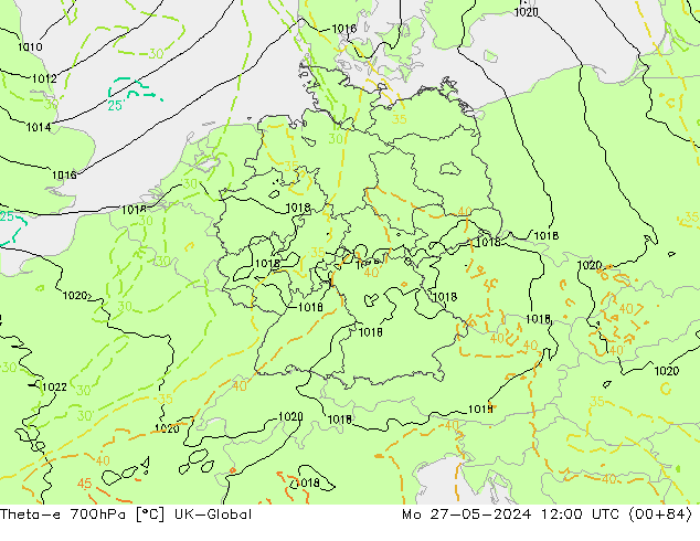 Theta-e 700hPa UK-Global pon. 27.05.2024 12 UTC
