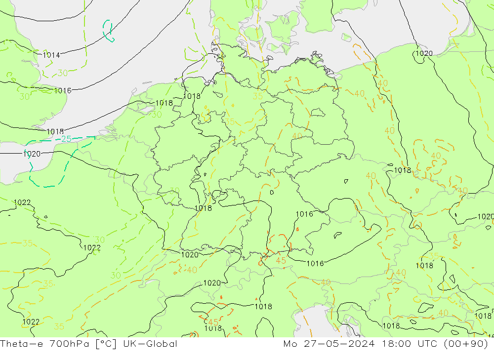 Theta-e 700hPa UK-Global lun 27.05.2024 18 UTC