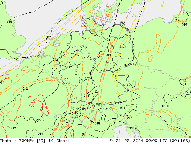 Theta-e 700hPa UK-Global Fr 31.05.2024 00 UTC