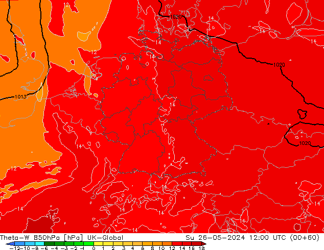 Theta-W 850hPa UK-Global Dom 26.05.2024 12 UTC