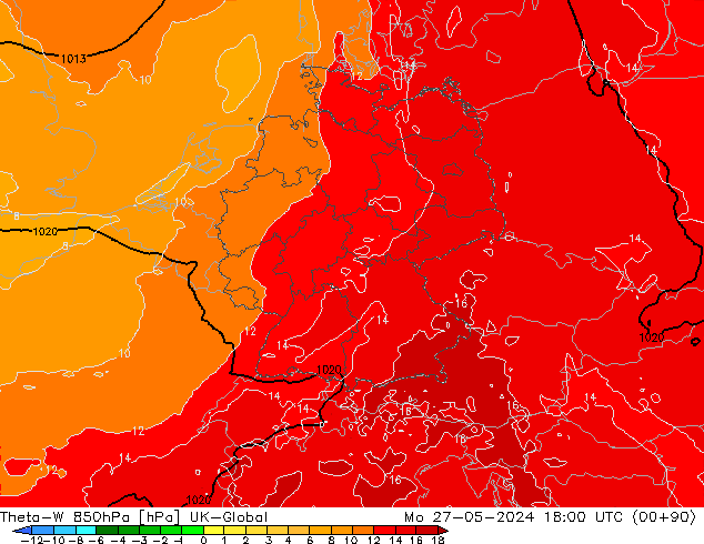 Theta-W 850hPa UK-Global Mo 27.05.2024 18 UTC