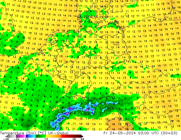 温度图 UK-Global 星期五 24.05.2024 03 UTC