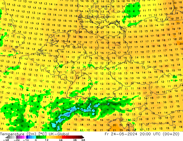 Temperature (2m) UK-Global Fr 24.05.2024 20 UTC