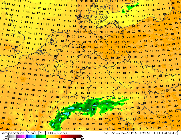 Temperature (2m) UK-Global So 25.05.2024 18 UTC