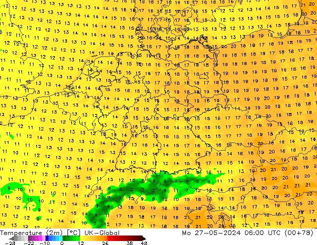 mapa temperatury (2m) UK-Global pon. 27.05.2024 06 UTC