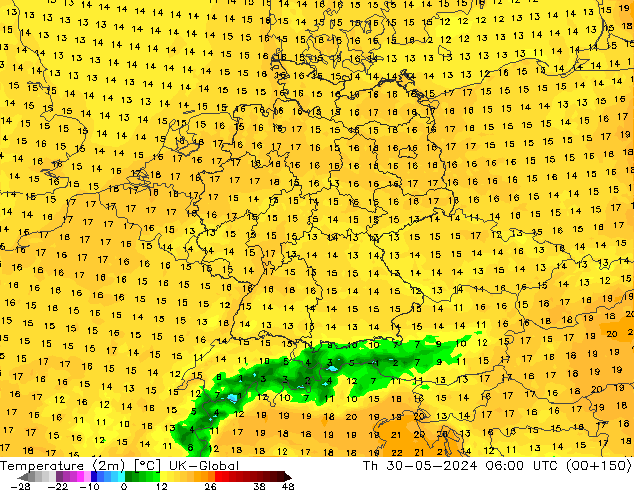 Temperatuurkaart (2m) UK-Global do 30.05.2024 06 UTC