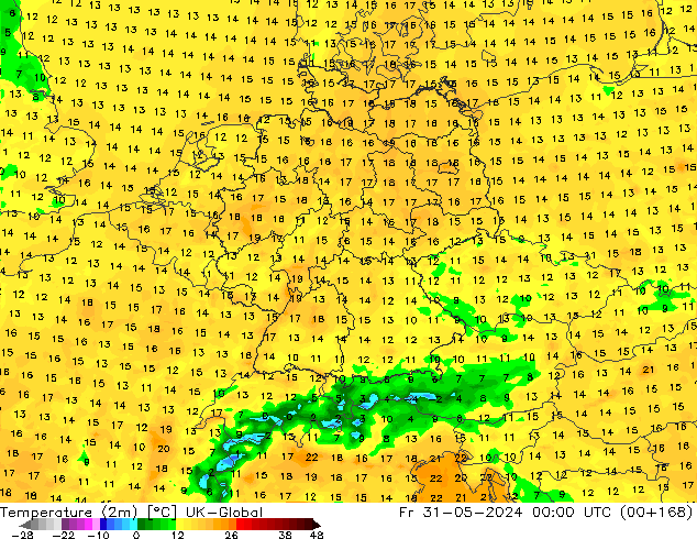 Temperatuurkaart (2m) UK-Global vr 31.05.2024 00 UTC