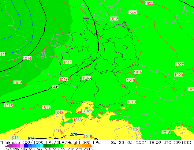 Thck 500-1000hPa UK-Global Dom 26.05.2024 18 UTC