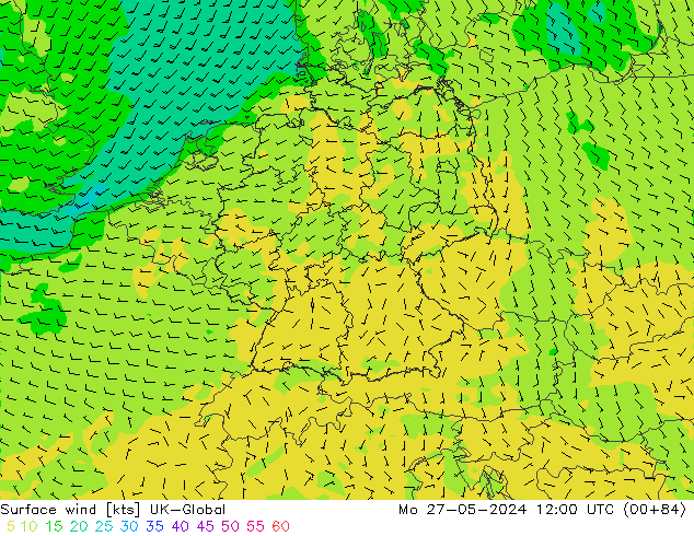 Surface wind UK-Global Mo 27.05.2024 12 UTC