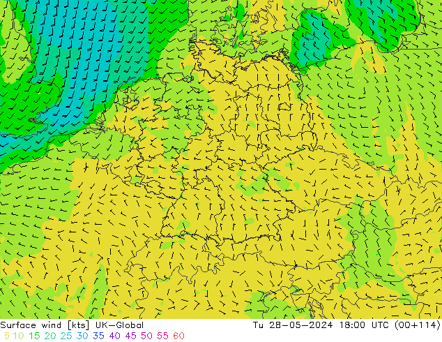 Surface wind UK-Global Tu 28.05.2024 18 UTC