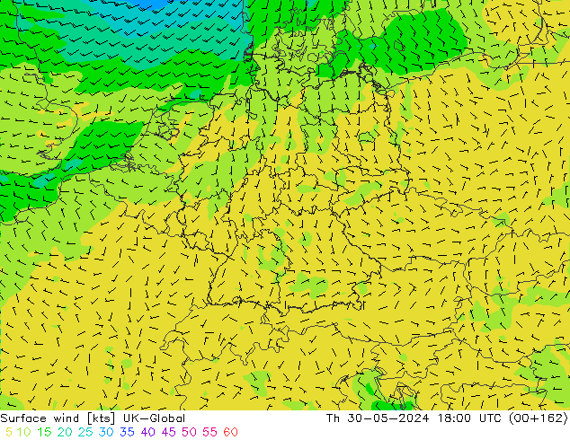 Surface wind UK-Global Th 30.05.2024 18 UTC