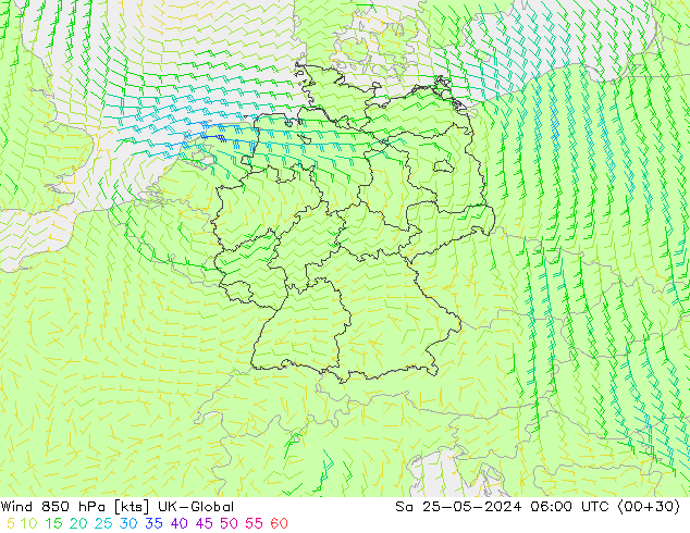 Vent 850 hPa UK-Global sam 25.05.2024 06 UTC