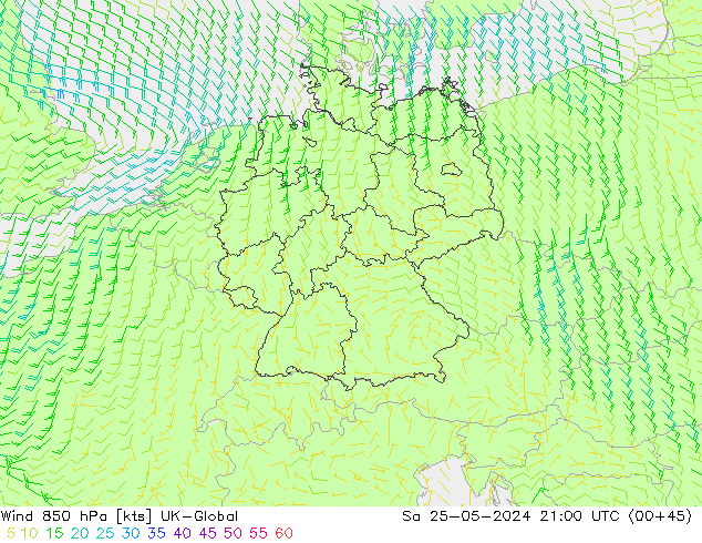 Vento 850 hPa UK-Global sab 25.05.2024 21 UTC