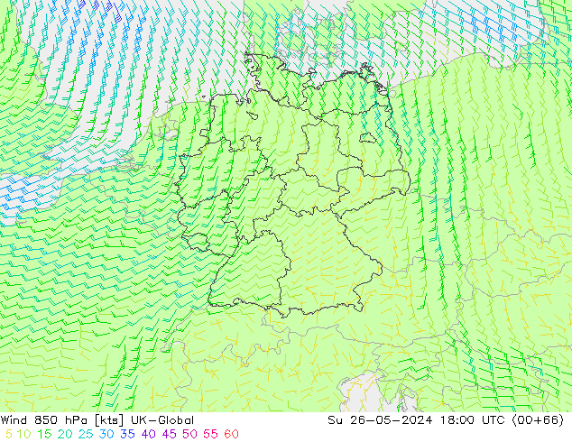 Wind 850 hPa UK-Global Su 26.05.2024 18 UTC