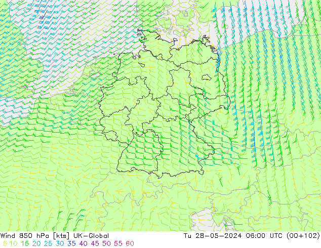 Vento 850 hPa UK-Global mar 28.05.2024 06 UTC