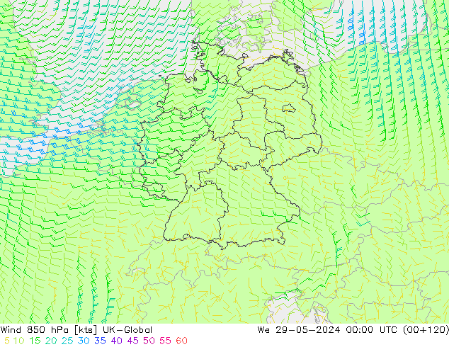 Vento 850 hPa UK-Global Qua 29.05.2024 00 UTC