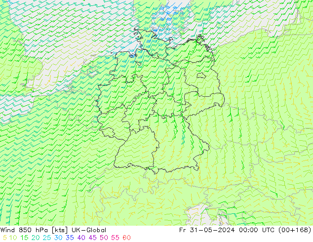 Wind 850 hPa UK-Global Fr 31.05.2024 00 UTC