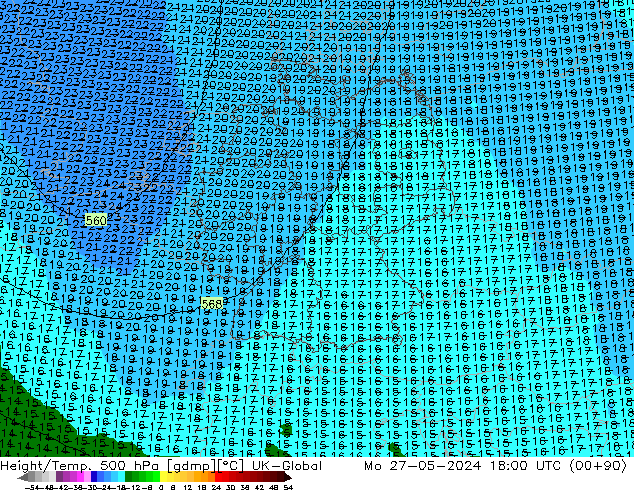 Height/Temp. 500 hPa UK-Global Mo 27.05.2024 18 UTC