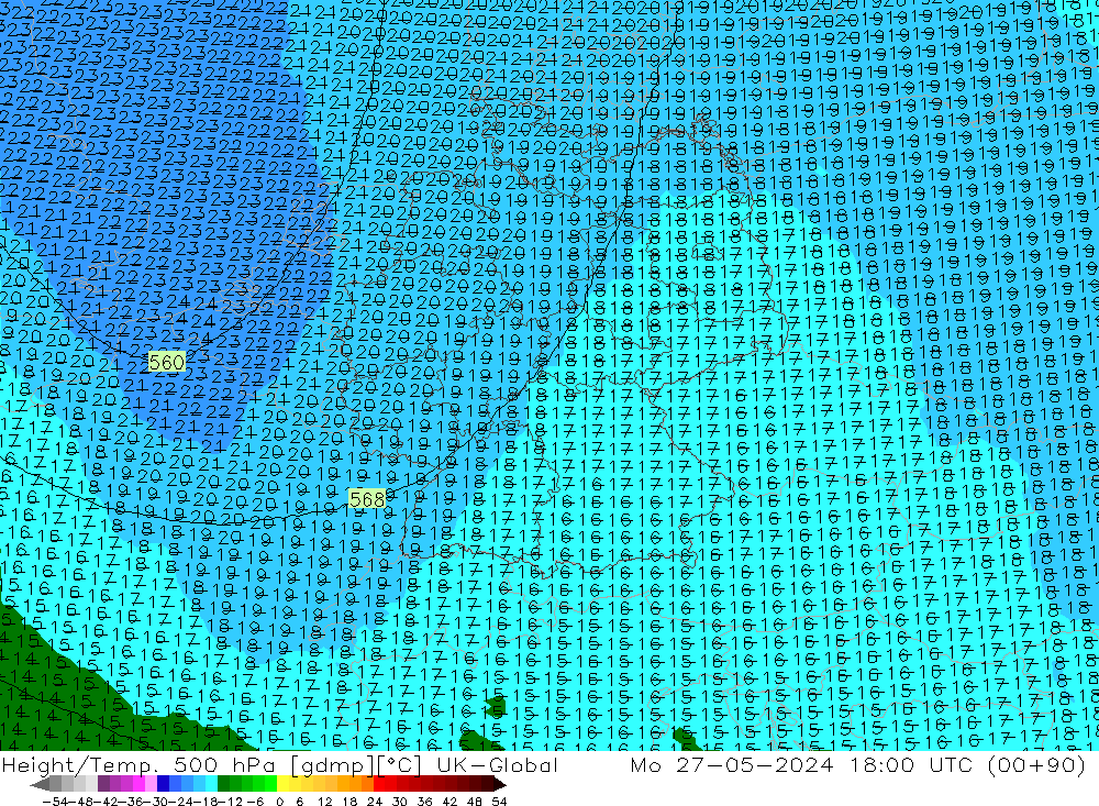 Height/Temp. 500 hPa UK-Global Mo 27.05.2024 18 UTC