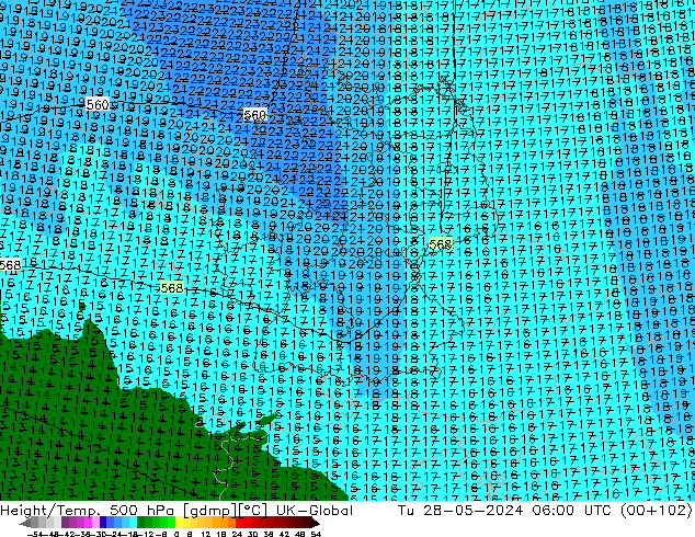 Hoogte/Temp. 500 hPa UK-Global di 28.05.2024 06 UTC