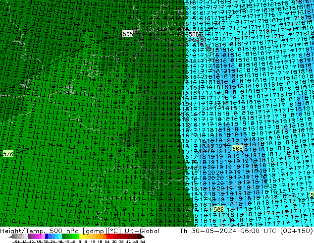 Height/Temp. 500 hPa UK-Global  30.05.2024 06 UTC