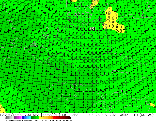 Height/Temp. 700 гПа UK-Global сб 25.05.2024 06 UTC