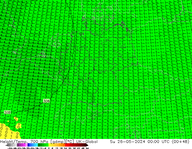 Height/Temp. 700 hPa UK-Global dom 26.05.2024 00 UTC